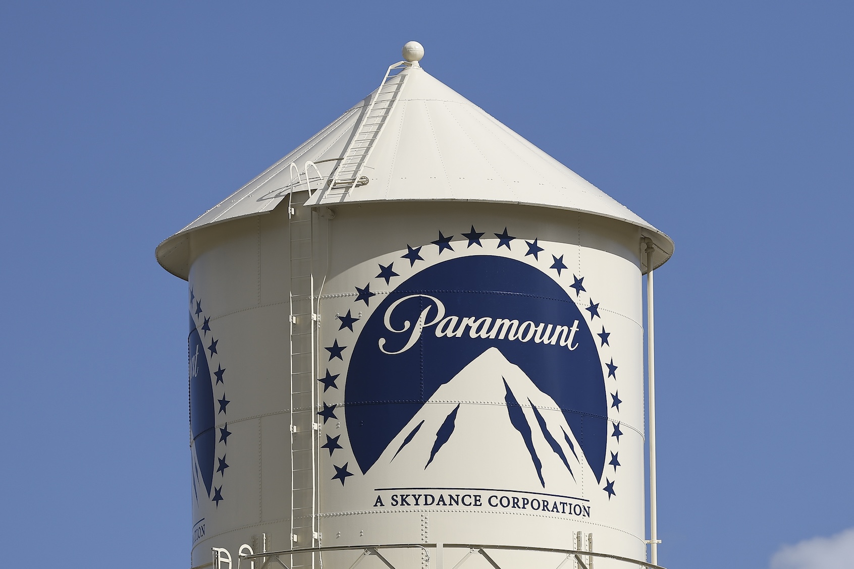 The Paramount Pictures logo is displayed on the water tower in Los Angeles, California, on February 17, 2026. Paramount Skydance attempts a hostile takeover bid of Warner Bros. (Photo by Michael Yanow/Nur/Photo via Getty Images)