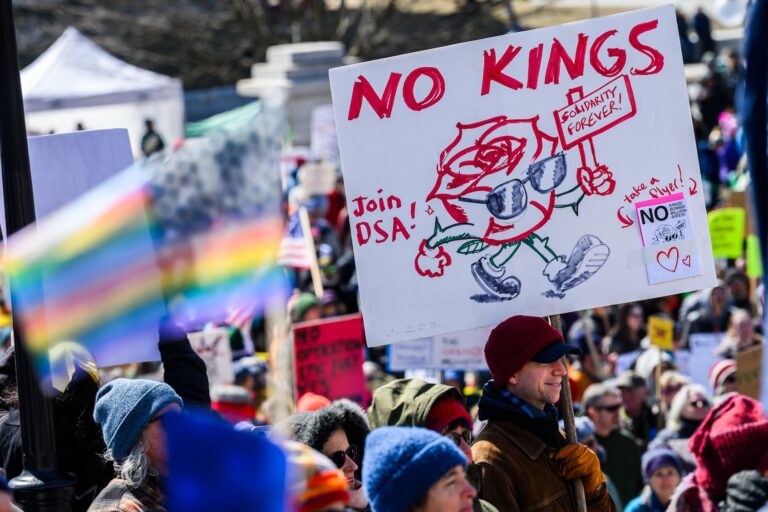 Protestors at a No Kings anti-Trump demonstration at the Vermont State House in Montpelier, VT, USA. (Photo by: John Lazenby/UCG/Universal Images Group via Getty Images)