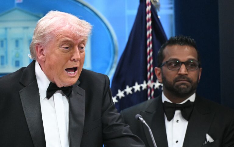 US President Donald Trump speaks flanked by FBI Director Kash Patel during a press briefing in the Brady Briefing Room at the White House in Washington, DC. (Photo by Mandel Ngan/Getty Images)