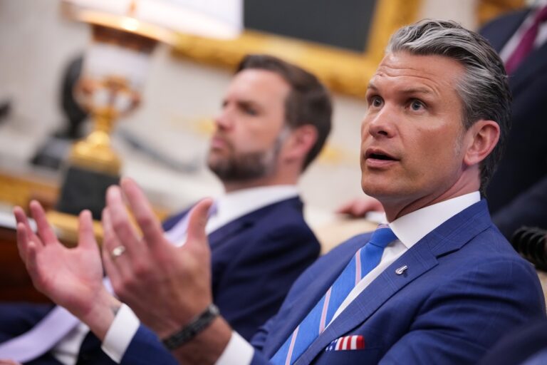 U.S. Secretary of War Pete Hegseth  speaks during a meeting between U.S. President Donald Trump and NATO Secretary-General Mark Rutte in the Oval Office of the White House on June 24, 2026 in Washington, DC. (Photo by Andrew Harnik/Getty Images)