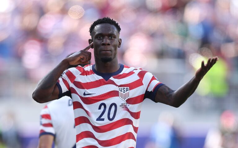 Folarin Balogun #20 of the United States celebrates scoring his team's first goal during the FIFA World Cup 2026 Round of 32 match between USA and Bosnia and Herzegovina at San Francisco Bay Area Stadium on July 01, 2026 in Santa Clara, California. (Photo by Jamie Squire/Getty Images)