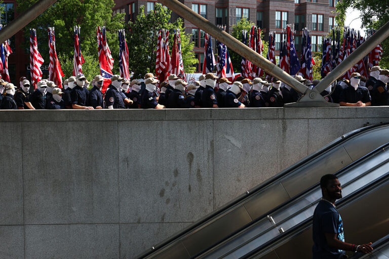 Members of the white supremesist group Patriot Front asceneded on D.C. to march and carry various flags to show a force compelled to "reclaim America". (Finn Gomez / Getty Images)
