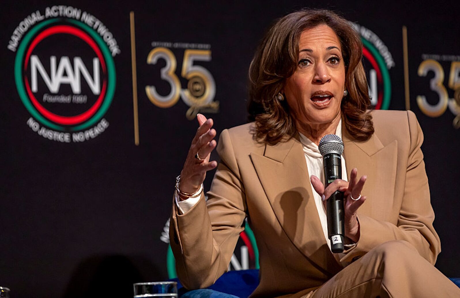 Former vice president Kamala Harris speaks during the National Action Network (NAN) 35th Anniversary Convention (Michael Nigro/Pacific Press/LightRocket via Getty Images)