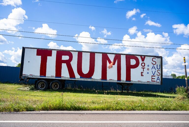 A sign of support for President Donald Trump in East Palestine, Ohio, in August 2025. (Tom Williams/CQ-Roll Call, Inc via Getty Images)
