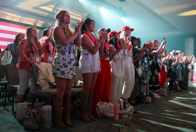 Attendees react to a talk given by Riley Gaines during the Turning Point USA Young Women's Leadership Summit (Sam Hodde for The Washington Post via Getty Images)