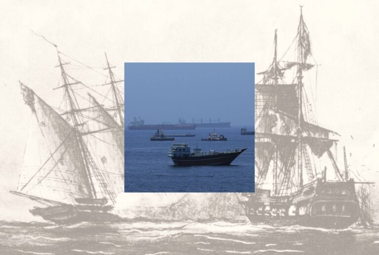 An 1801 illustration of the USS Enterprise capturing Tripolitan Corsair, layered behind ships anchored in the Gulf of Oman on June 21, 2026, as U.S.-Iran tensions eased and the Strait of Hormuz prepared to reopen. (Illustration by Salon / Shady Alassar / Anadolu via Getty Images / National Archives)