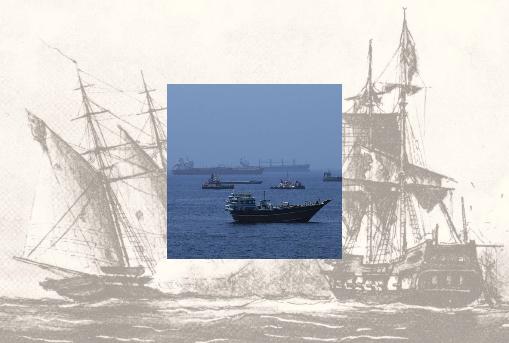 An 1801 illustration of the USS Enterprise capturing Tripolitan Corsair, layered behind ships anchored in the Gulf of Oman on June 21, 2026, as U.S.-Iran tensions eased and the Strait of Hormuz prepared to reopen. (Illustration by Salon / Shady Alassar / Anadolu via Getty Images / National Archives)