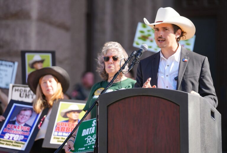 Clayton Tucker, Democratic candidate for Texas Agriculture Commissioner, speaks at the Capitol to protest data center expansion. (Jay Janner/The Austin American-Statesman via Getty Images)