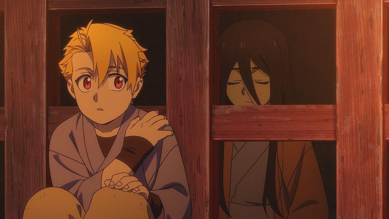 Animated image of a young blond man with red eyes is sitting in front of a wooden prison cell gate. A long-haired young girl sits behind him in the cell with her eyes closed