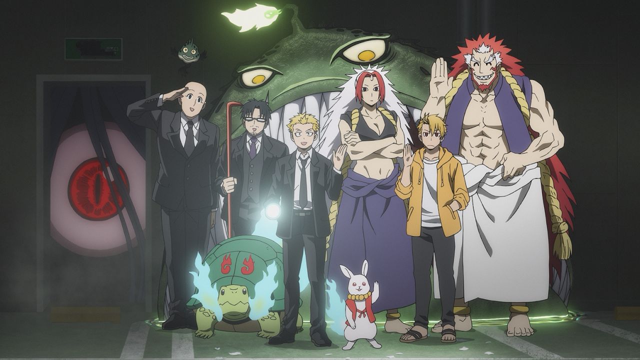 Four humans -- 2 blond men, 1 dark-haired man with glasses and a bald man -- stand next to 2 barefoot hulking muscular supernatural figures in vests and long skirt, plus a tortoise with blue fire coming out of it and a rabbit dressed in a red vest and yellow necklace standing on its hind legs. A giant green hagfish looms behind them while a giant red eyeball peers from a doorway. Many of the people, one of the supernatural figures and the rabbit are waving cheefully in greeting