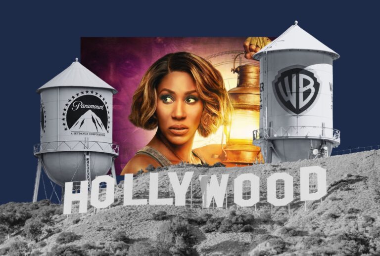 A Paramount-Warner Bros. merger could mean fewer originals like "Diarra From Detroit" reaching audiences. (Illustration by Salon / Paramount+ / Getty Images / Justin Sullivan / AaronP / Bauer-Griffin)