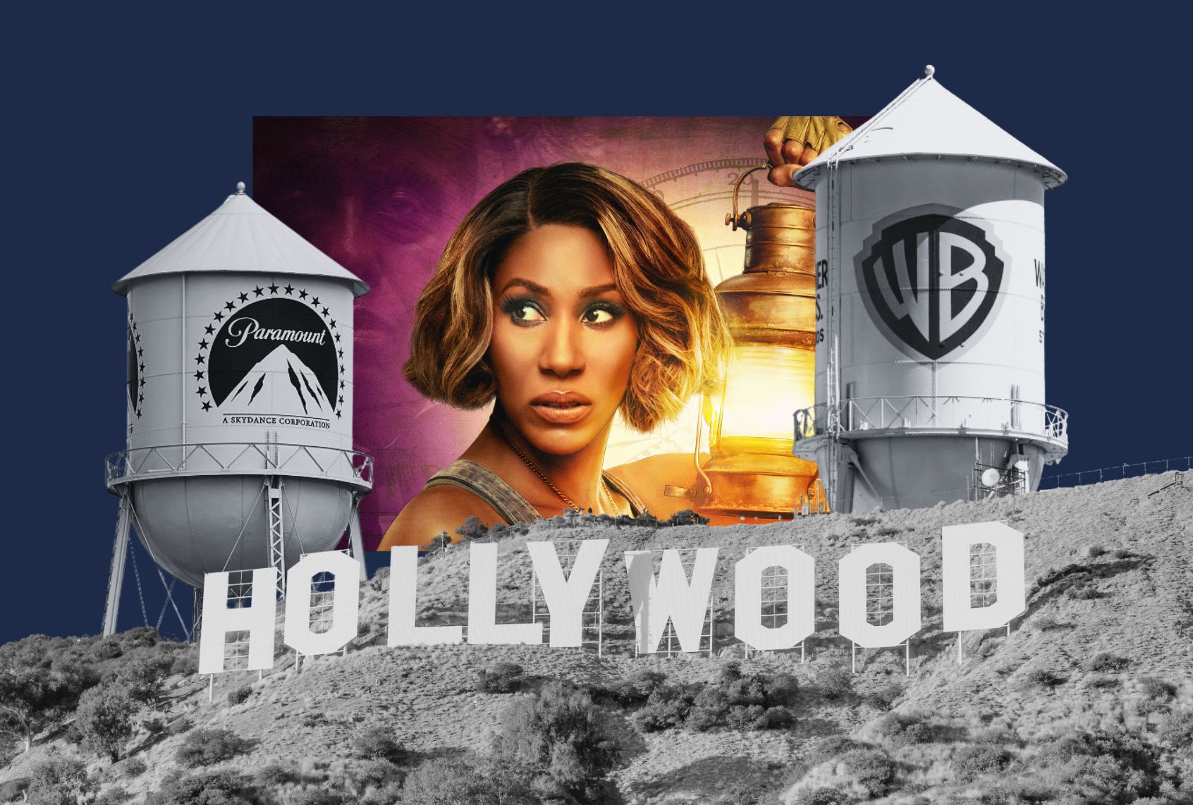 A Paramount-Warner Bros. merger could mean fewer originals like "Diarra From Detroit" reaching audiences. (Illustration by Salon / Paramount+ / Getty Images / Justin Sullivan / AaronP / Bauer-Griffin)