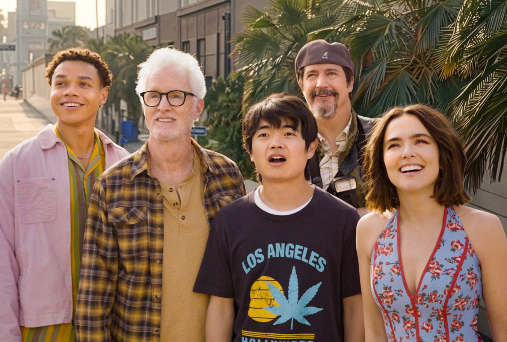 Miles Gutierrez-Riley as Otto, John Slattery as himself, Ben Wang as Caleb, Ken Marino as Vincent and Zoey Deutch as Gail Daughtry in "Gail Daughtry and the Celebrity Sex Pass" (Sony Pictures Classics)