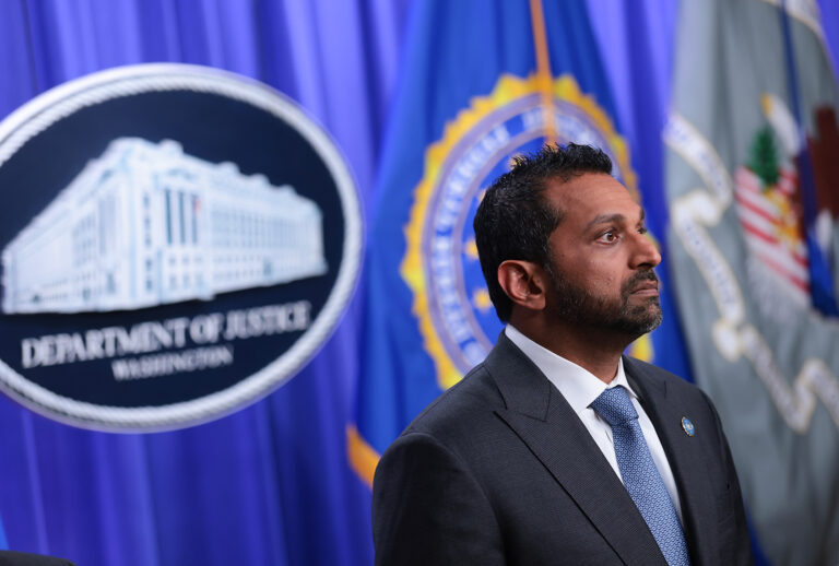 Federal Bureau of Investigation (FBI) Director Kash Patel listens as Acting U.S. Attorney General Todd Blanche speaks during a news conference at the Robert F. Kennedy Department of Justice building on July 01, 2026. (Anna Moneymaker / Getty Images)