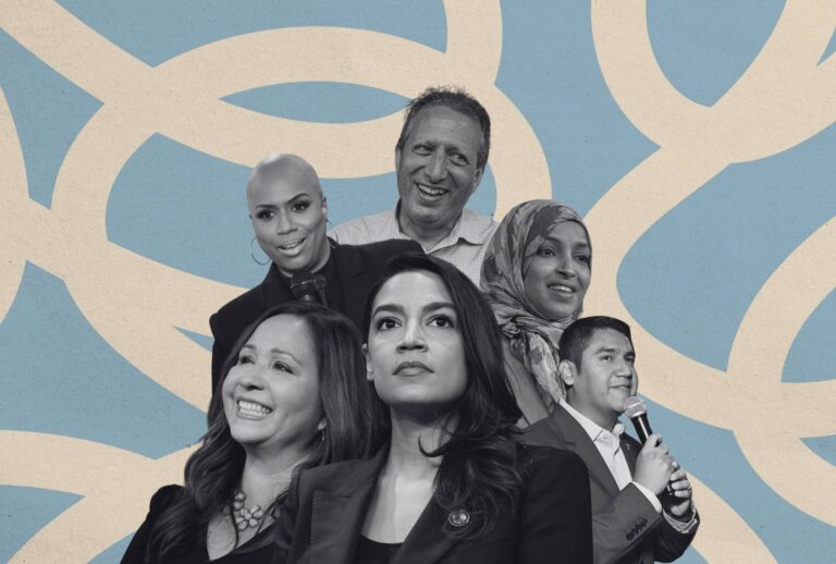 Reps. Adelita Grijalva, D-Ariz., and Alexandria Ocasio-Cortez, D-N.Y., with California congressional candidate Randy Villegas (front) Rep. Ayanna Pressley, D-Mass., New York congressional candidate Brad Lander and Rep. Ilhan Omar, D-Minn. (back) (Illustration by Salon / Getty Images / Andrew Harnik / Kayla Bartkowski / Andrew Lichtenstein / Nathan Posner / Jon Kopaloff / Tom Williams)