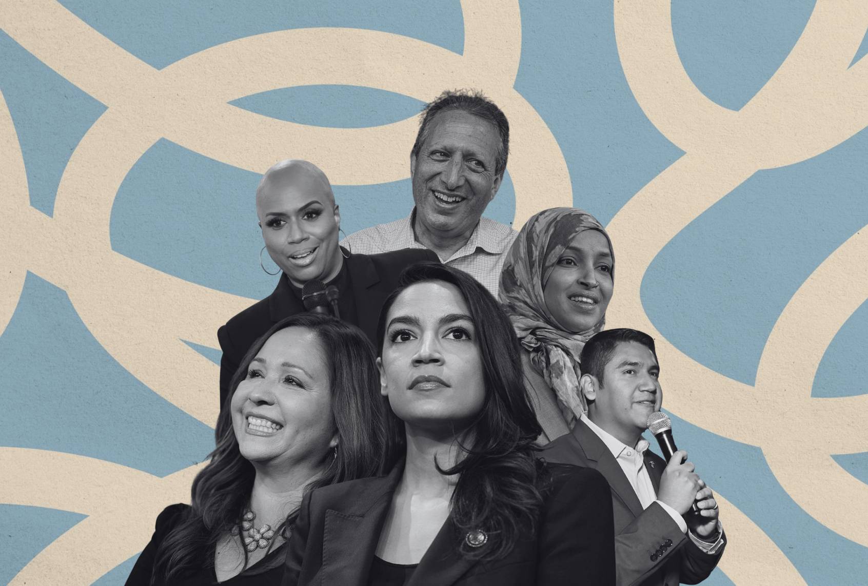 Reps. Adelita Grijalva, D-Ariz., and Alexandria Ocasio-Cortez, D-N.Y., with California congressional candidate Randy Villegas (front) Rep. Ayanna Pressley, D-Mass., New York congressional candidate Brad Lander and Rep. Ilhan Omar, D-Minn. (back) (Illustration by Salon / Getty Images / Andrew Harnik / Kayla Bartkowski / Andrew Lichtenstein / Nathan Posner / Jon Kopaloff / Tom Williams)