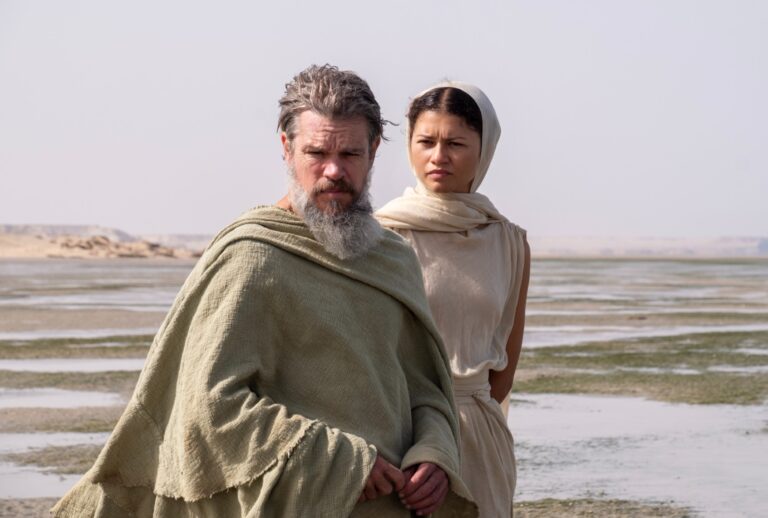 Matt Damon as Odysseus and Zendaya as Athena in "The Odyssey" (Melinda Sue Gordon/Universal)