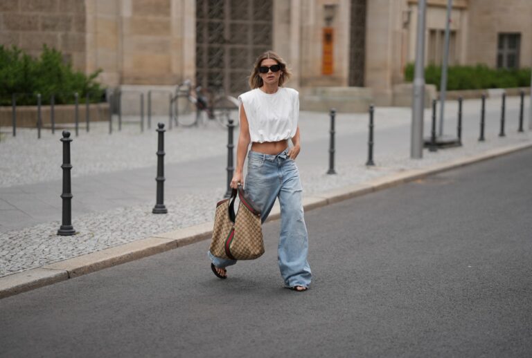 Model Sophia Geiss is seen wearing light blue wide-leg denim jeans from Zara (Moritz Scholz/Getty Images)