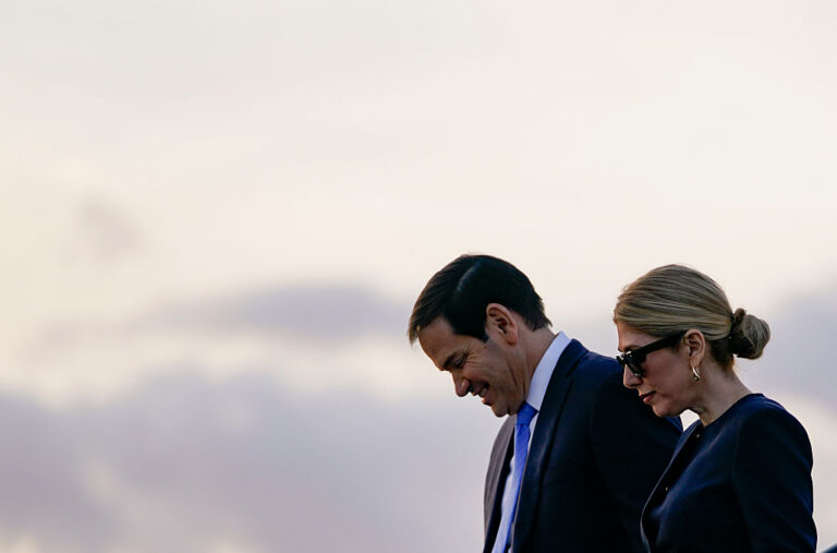 Marco Rubio and his wife Jeanette spoke with Katie Miller, conservative podcaster and wife of Senior Trump Adviser Stephen Miller, as part of a series of behind-the-scenes conversations from the Trump Cabinet. (Nathan Howard-Pool / Getty Images)