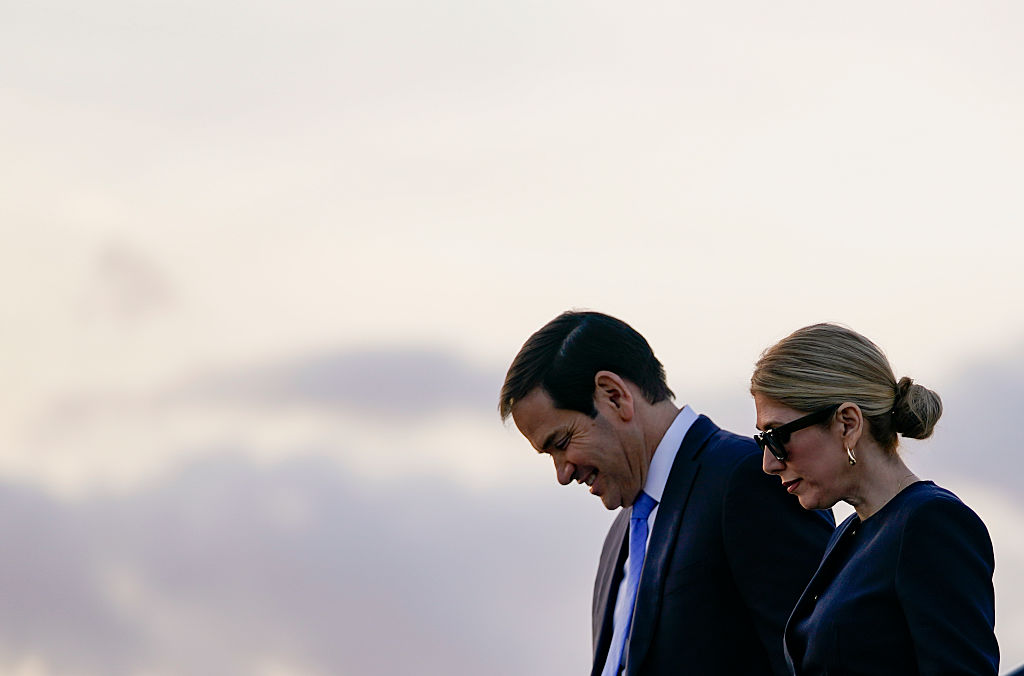 Marco Rubio and his wife Jeanette spoke with Katie Miller, conservative podcaster and wife of Senior Trump Adviser Stephen Miller, as part of a series of behind-the-scenes conversations from the Trump Cabinet. (Nathan Howard-Pool / Getty Images)