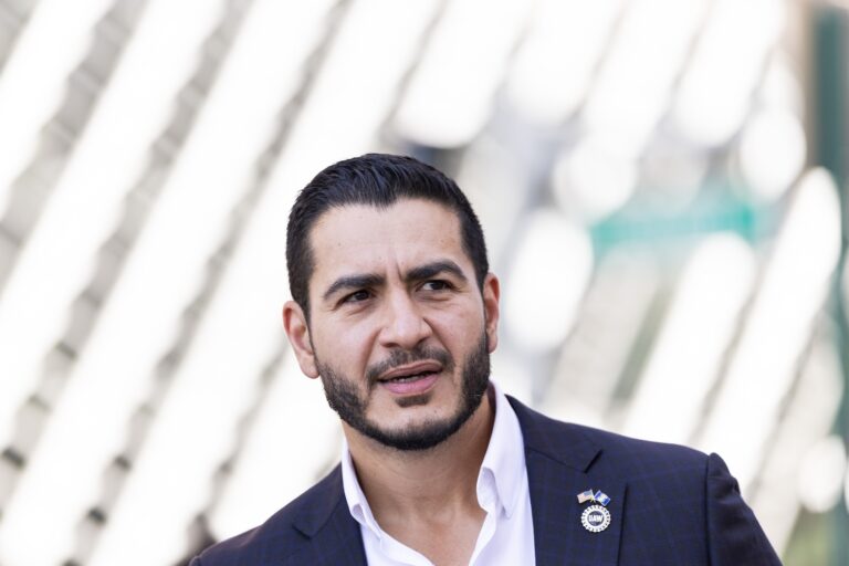 Michigan Democratic Senate primary winner Abdul El-Sayed arrives to a press conference in front of the Spirit of Detroit statue on August 05, 2026 in Detroit, Michigan. Sayed called on Michiganders to unite against Mike Rodgers as well as challenging him to multiple debates.  (Photo by Finn Gomez/Getty Images) (Photo by Finn Gomez/Getty Images)