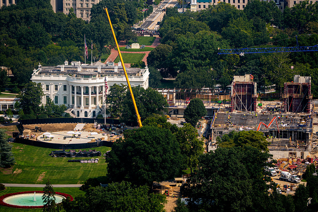 The White House is awaiting an override from the Supreme Court to continue construction on the now infamous ballroom / "military complex" project. (Andrew Harnik / Getty Images)