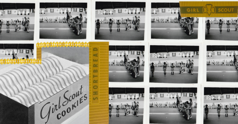 Collage of found photos and vintage Girl Scout packaging (Illustration by Salon / Weston Biscuit Company / Bettmann / Getty Images)