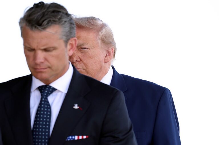 DOVER, DELAWARE - JULY 22: President Donald Trump and Secretary of War Pete Hegseth arrive for a dignified transfer at Dover Air Force Base for military casualties of the war with Iran on July 22, 2026 in Dover, Delaware. President Trump attend the dignified transfer of Army 1st Lt. Tyler James Feehan, Staff Sgt. Michael Emmanuel Swinton, Army Sgt. Angel S. Rampersad and Army Pvt. Isabella Gonzales.  (Photo by Kevin Dietsch/Getty Images) (Kevin Dietsch/Getty Images)