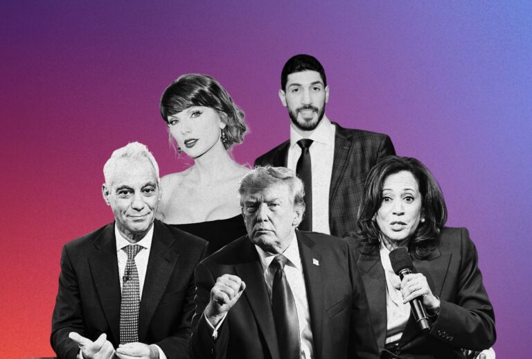 Rahm Emanuel, Taylor Swift, Enes Kanter Freedom, Donald Trump and Kamala Harris (Illustration by Salon / Getty Images / Shannon Finney / Win McNamee / Christian Bruna / Jared Siskin / Patrick McMullan / Jamie McCarthy)
