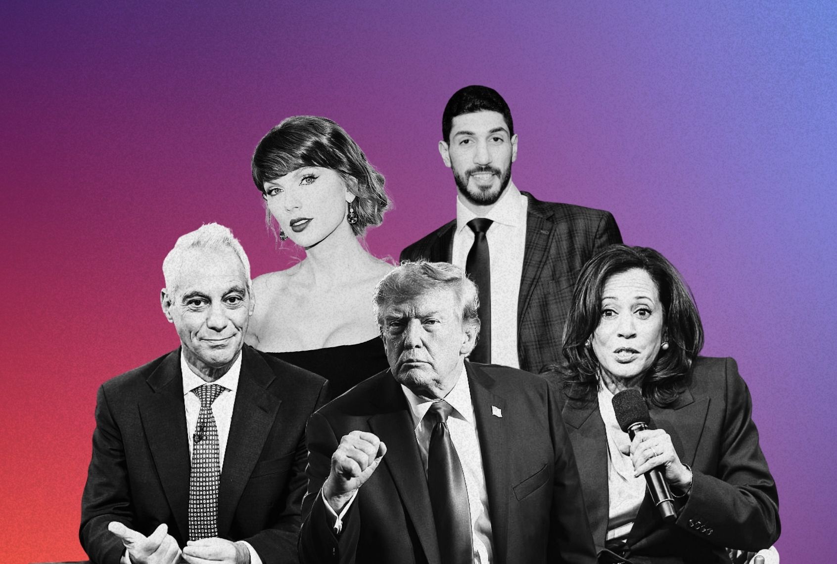 Rahm Emanuel, Taylor Swift, Enes Kanter Freedom, Donald Trump and Kamala Harris (Illustration by Salon / Getty Images / Shannon Finney / Win McNamee / Christian Bruna / Jared Siskin / Patrick McMullan / Jamie McCarthy)