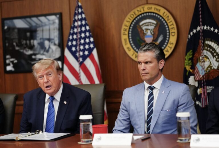 President Donald Trump speaks alongside Secretary of Defense Pete Hegseth. (Aaron Schwartz / AFP via Getty Images)
