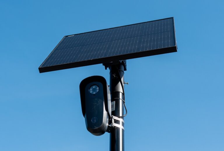 Flock license plate reader and camera with solar panel against a blue sky, Pleasant Hill, California, April 16, 2026. (Photo by Smith Collection/Gado/Getty Images)