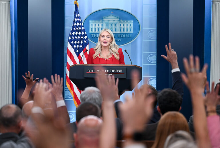 White House Press Secretary Karoline Leavitt speaks during a press briefing on July 23, 2026. (Mehmet Eser / Anadolu via Getty Images)