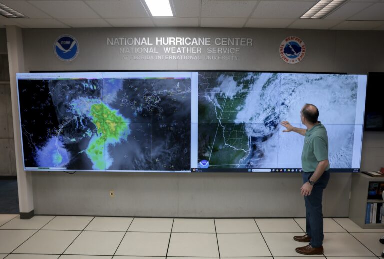 Brad Reinhart, Senior Hurricane Specialist, tracks Tropical Storm Arthur at the National Hurricane Center on June 17, 2026, in Miami, Florida. (Photo by Joe Raedle/Getty Images)