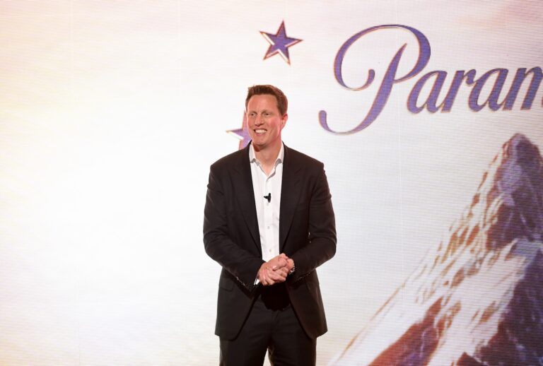 David Ellison, Chairman and CEO of Paramount Skydance speaks on stage during New York Upfront Partnership Event 2026 at Storied NYC on April 22, 2026 in New York City. (Photo by Noam Galai/Getty Images for Paramount)