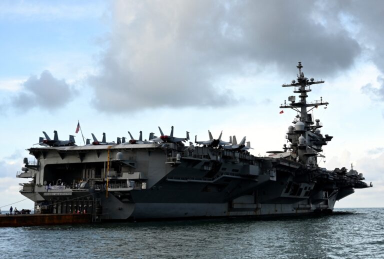 The USS George Washington aircraft carrier arrives at the port in Danang on July 30, 2026. (Photo by Nhac NGUYEN / AFP via Getty Images)