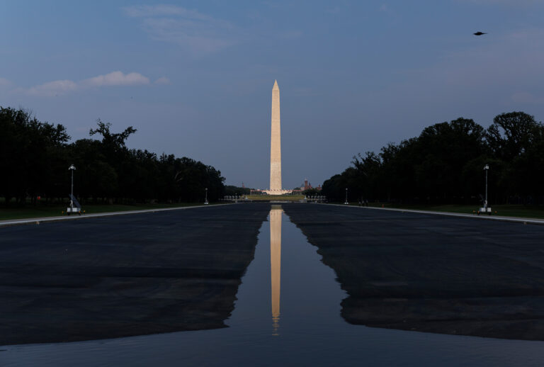 The Reflecting Pool on the National Mall, drained for repairs, near the Lincoln Memorial in Washington, D.C., on July 19, 2026. (Tom Brenner/Getty Images)