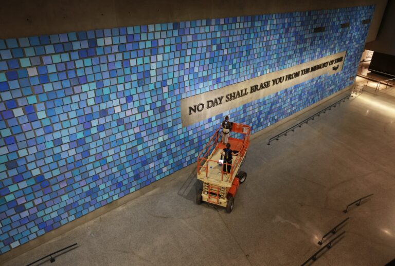 Workers clean a wall at the 9/11 Memorial Museum as it prepares to mark the 25th anniversary of the September 11th terrorist attacks on September 01, 2026 in New York City. (Photo by Spencer Platt/Getty Images)
