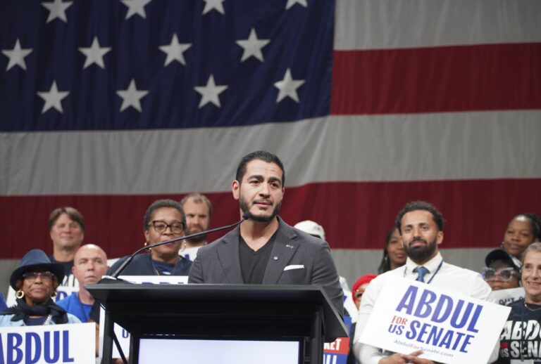 Dr. Abdul El-Sayed, Democratic nominee for the US Senate, speaks at the Democratic Nominating Convention in Lansing MI, on August 29th, 2026. (Katie McTiernan/Anadolu via Getty Images)