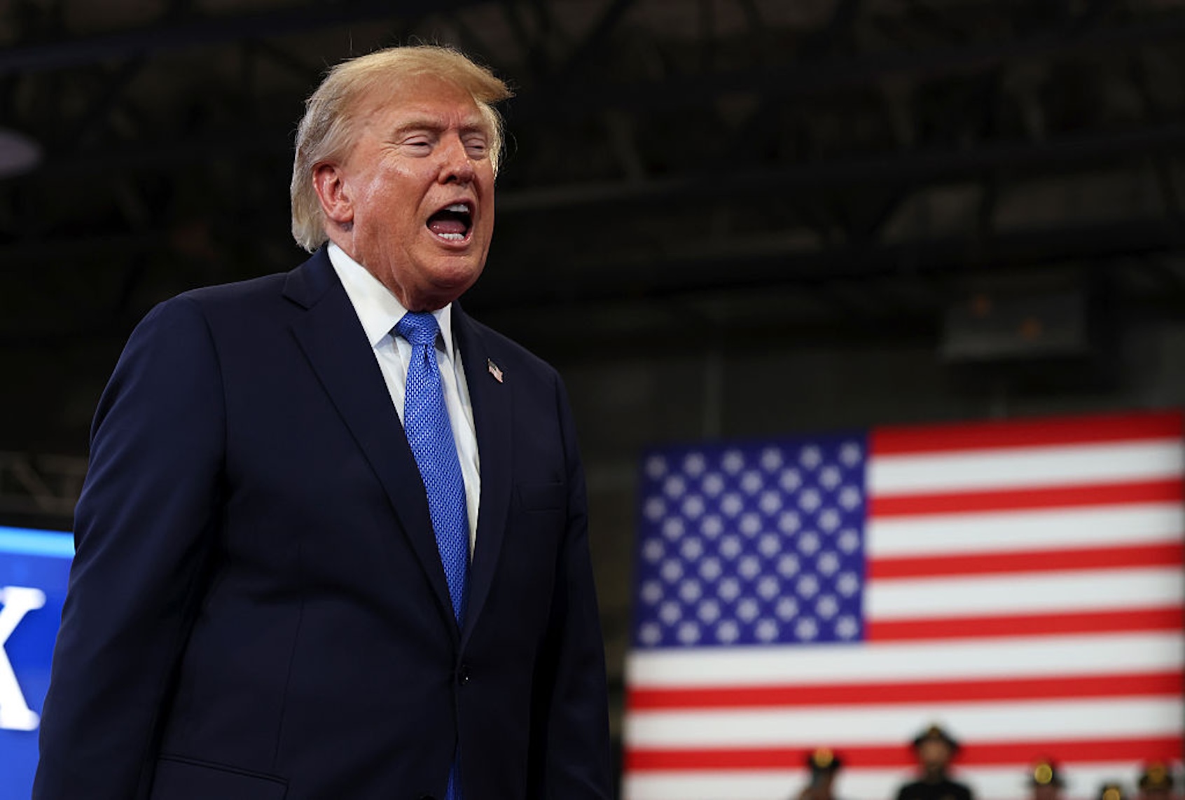 President Donald Trump departs after delivering remarks at the David S. Mack Center for Training and Intelligence on Aug. 14, 2026, in Garden City, New York. (Samuel Corum/Getty Images)