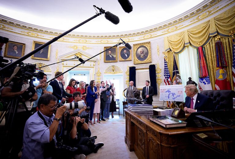 President Donald Trump speaks to the press after signing an executive order on Aug. 27, 2026. (Andrew Harnik/Getty Images)