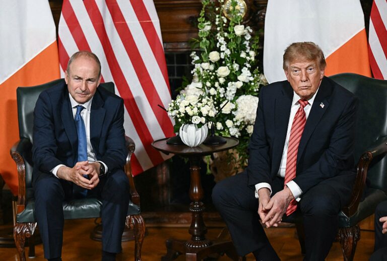 President Donald Trump and Irish Taoiseach Micheál Martin listen to a question from the media at Farmleigh House in Dublin on Sept. 12, 2026. (Micheál Martin)