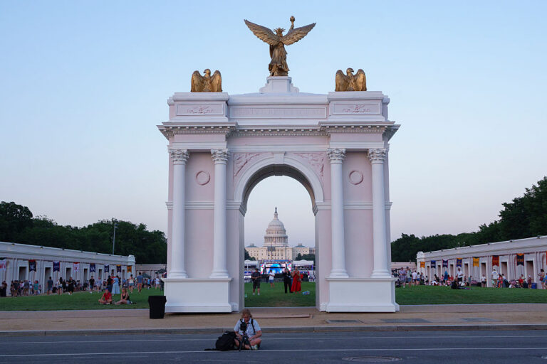 A replica of President Trump's proposed Triumphal Arch at The Great American State Fair on the National Mall. Trump wants to use the real one for military purposes. (Kevin Carter / Getty Images)