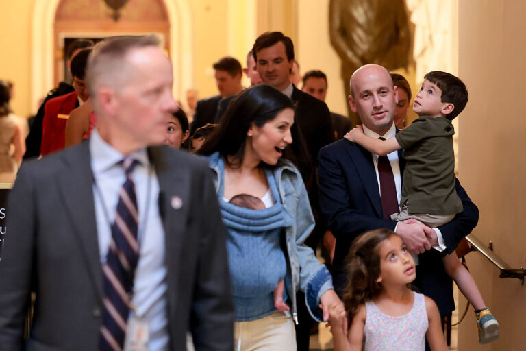 Deputy White House Chief of Staff Stephen Miller (right) walks with his wife Katie (2nd from left) and their 3 children on a tour of the Capitol this summer. (Anna Moneymaker / Getty Images)