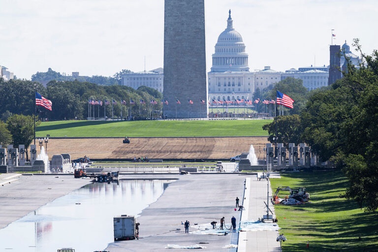 The saga of the Reflecting Pool continues as the contractor now takes the blame for the expensive rush job, due to human interference and bad chemicals. (Finn Gomez / Getty Images)
