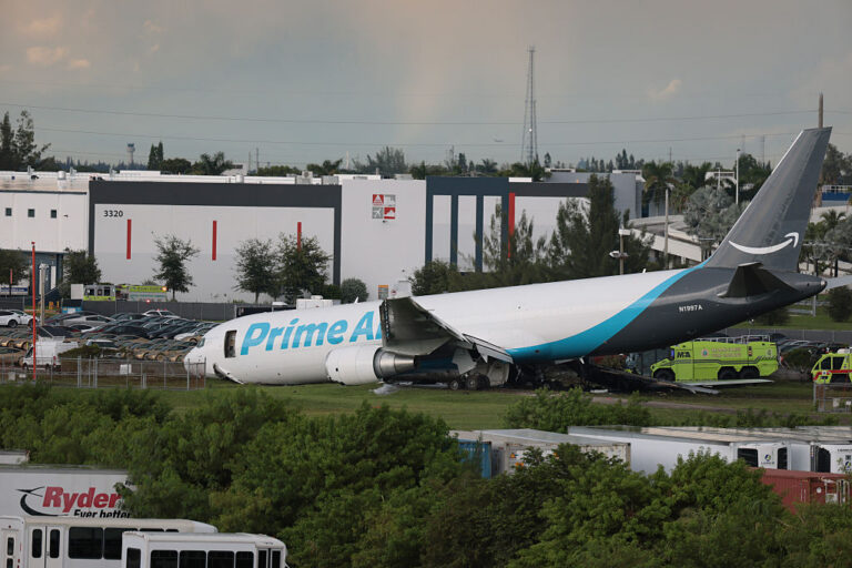 On Sunday afternoon, an Amazon Prime cargo plane overshot the runway in Miami and crashed into a nearby business parking lot. The incident killed 5. (Joe Raedle / Getty Images)