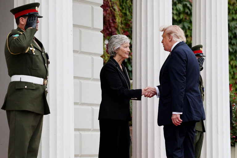 President Donald Trump is greeted by Irish President Catherine Connolly, where he waded into decades-old, sensitive political conflicts. (Anna Moneymaker / Getty Images)