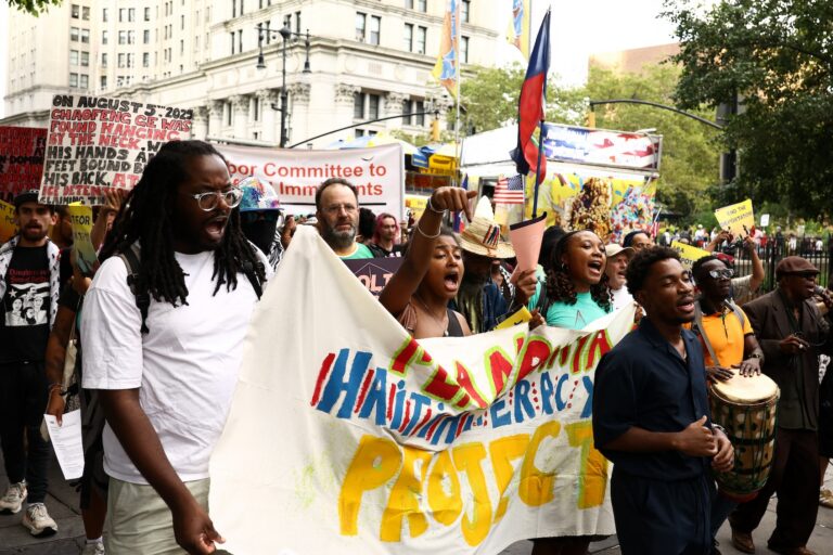 Protest against the termination of Temporary Protected Status for the Haitian community, Foley Square in New York City, Aug. 28, 2026. (Charly Triballeau/AFP via Getty Images)