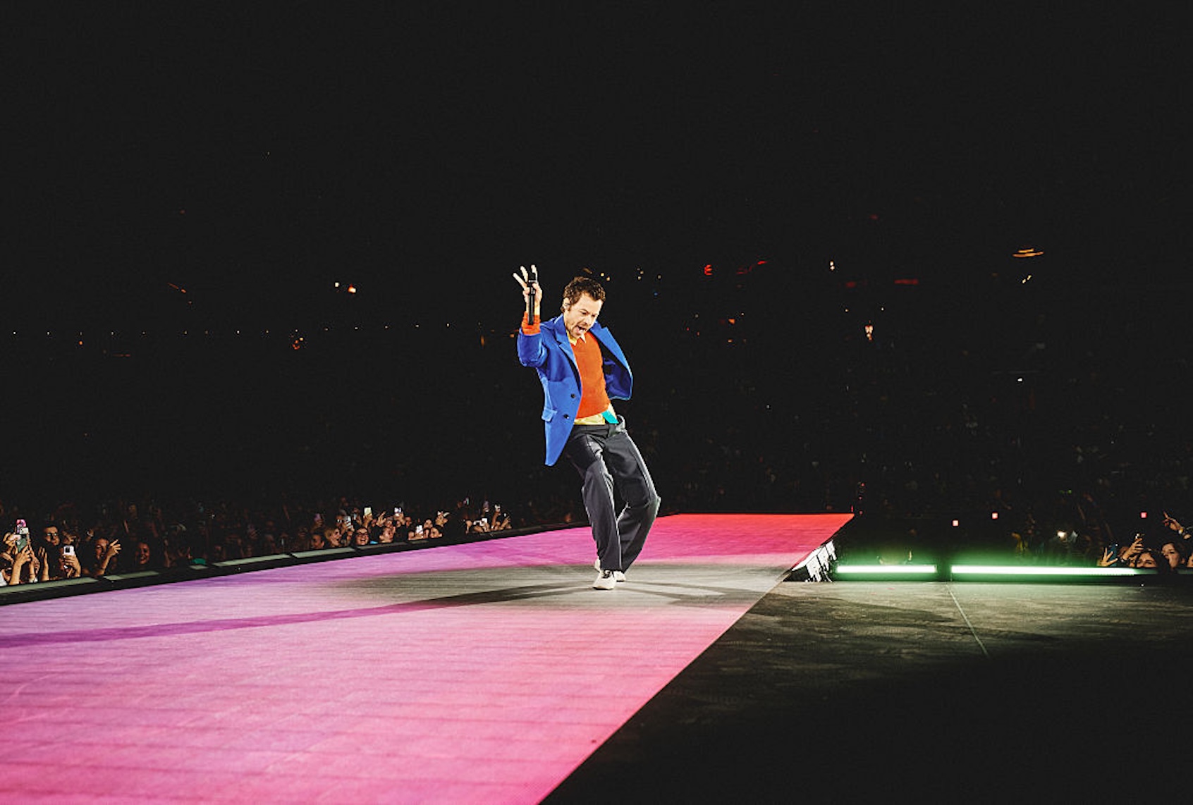 Harry Styles performs on stage during his "Together, Together" tour on May 17, 2026, in Amsterdam, Netherlands. (Anthony Pham/Getty Images for HS)