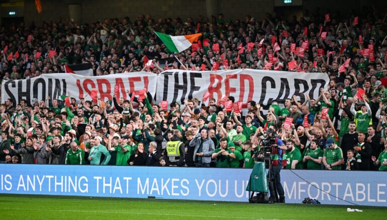 Irish fans protest against Israel before a FIFA World Cup qualifying match between Ireland and Hungary in Dublin, Sept. 6, 2025. (David Fitzgerald/Sportsfile via Getty Images)